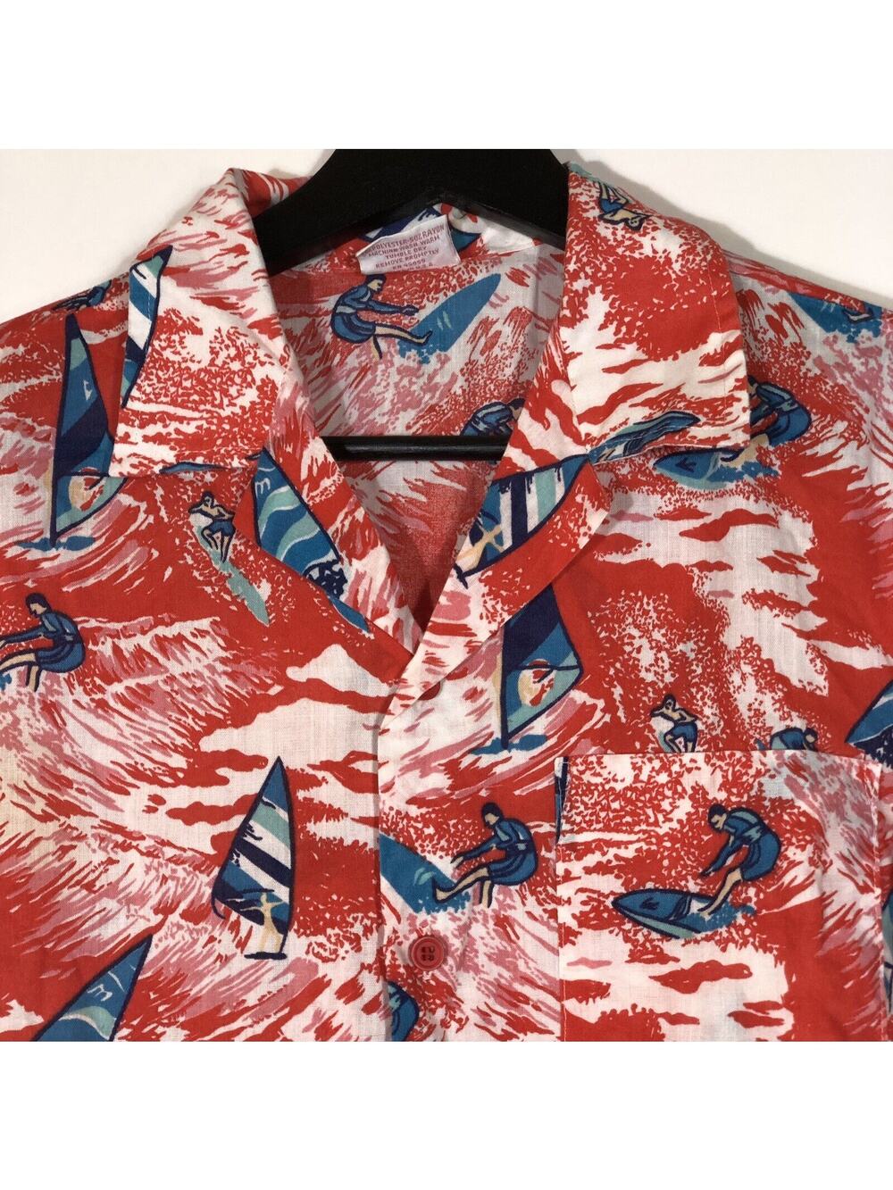 Islander Hawaiian Shirt Boys Red Blue Surfer Sailboarder Size Large 16-18